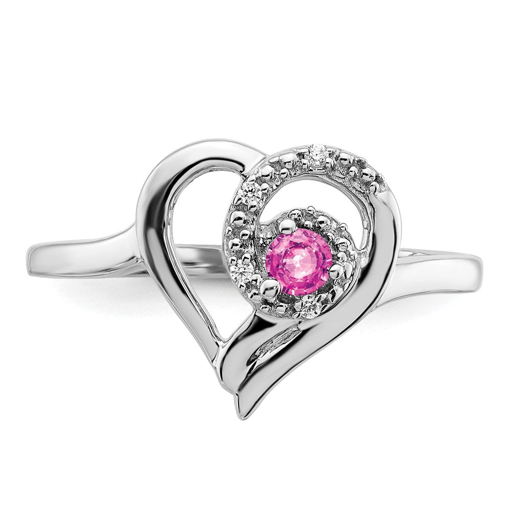 14k White Gold Created Pink Sapphire and Real Diamond Heart Ring
