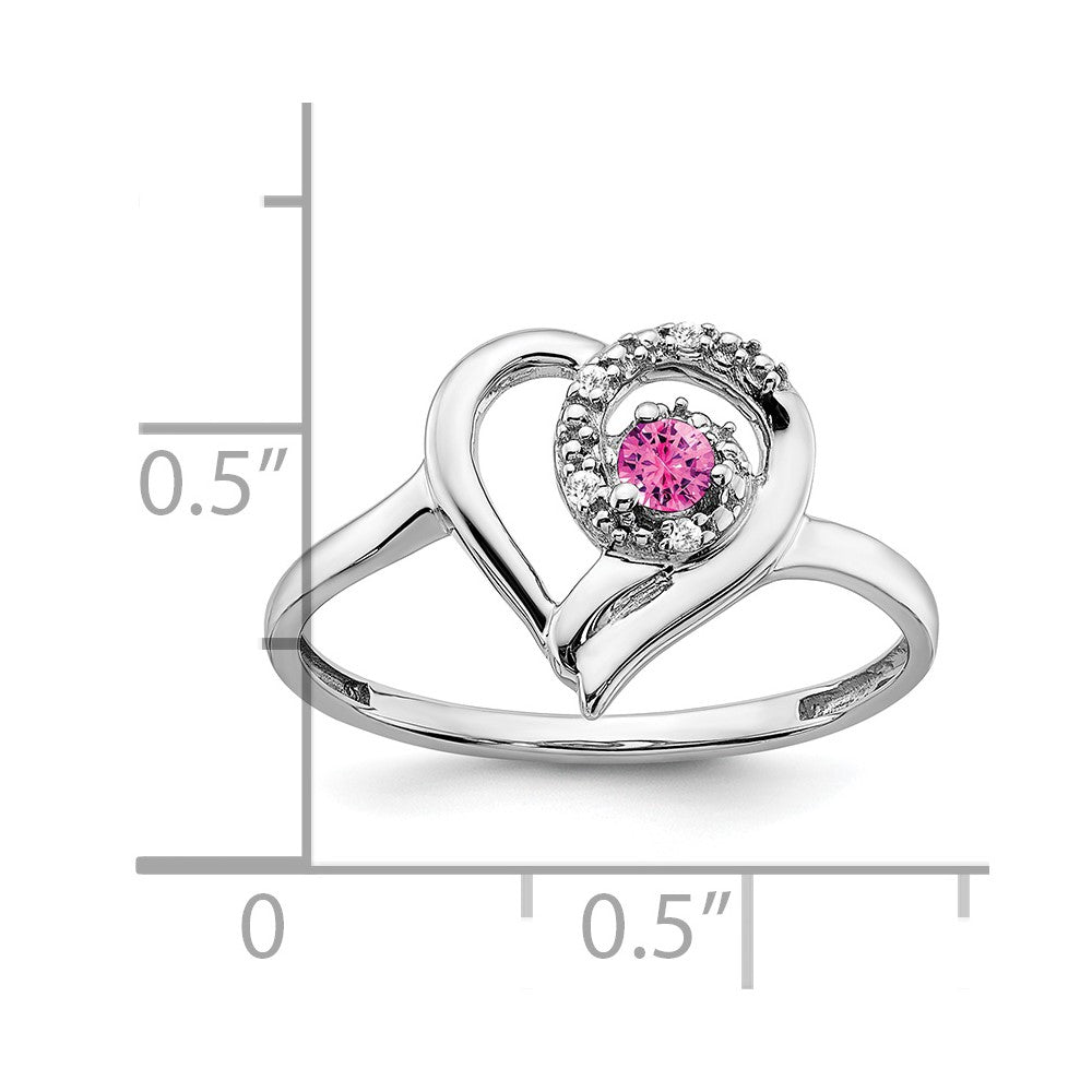 14k White Gold Created Pink Sapphire and Real Diamond Heart Ring