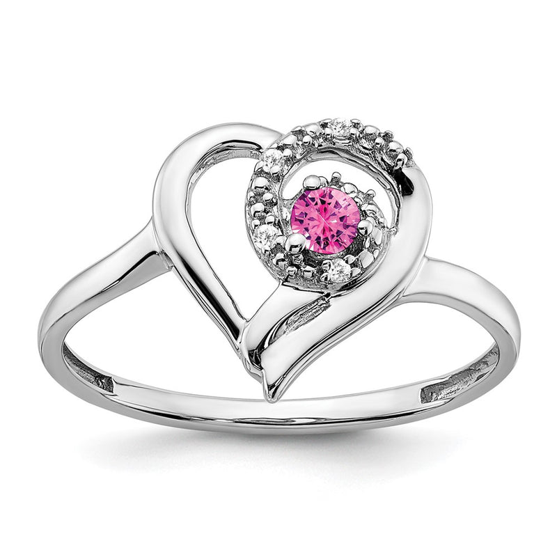 14k White Gold Created Pink Sapphire and Real Diamond Heart Ring