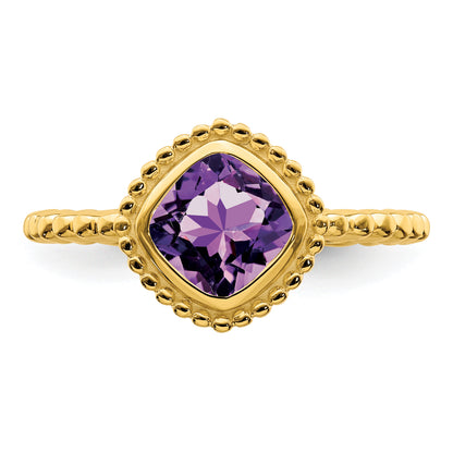 Solid 14k Yellow Gold Cushion Simulated Amethyst Ring