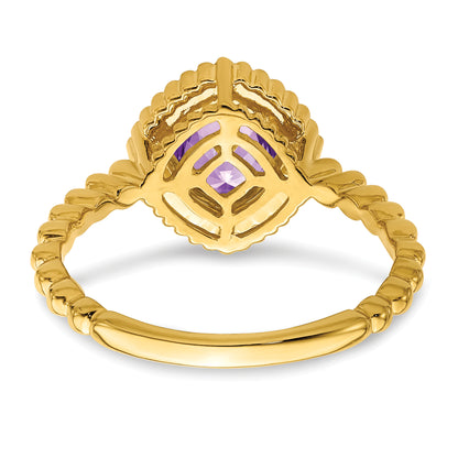 Solid 14k Yellow Gold Cushion Simulated Amethyst Ring