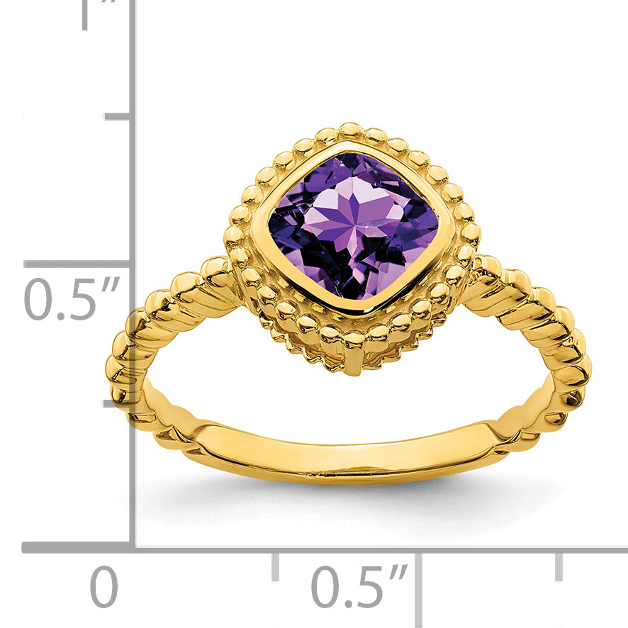 Solid 14k Yellow Gold Cushion Simulated Amethyst Ring