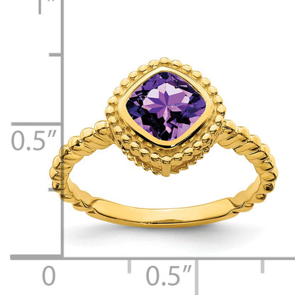 Solid 14k Yellow Gold Cushion Simulated Amethyst Ring