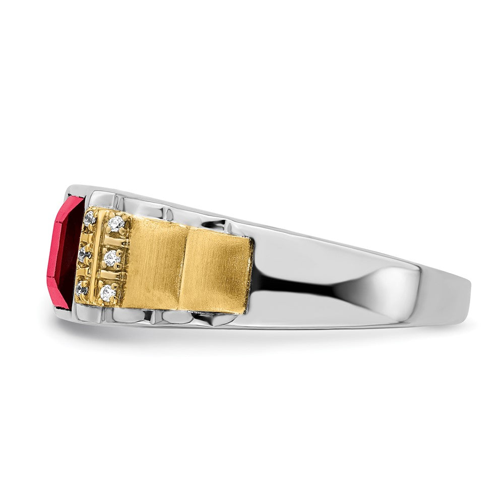 14k Two-Tone Gold Created Ruby and Real Diamond Mens Ring