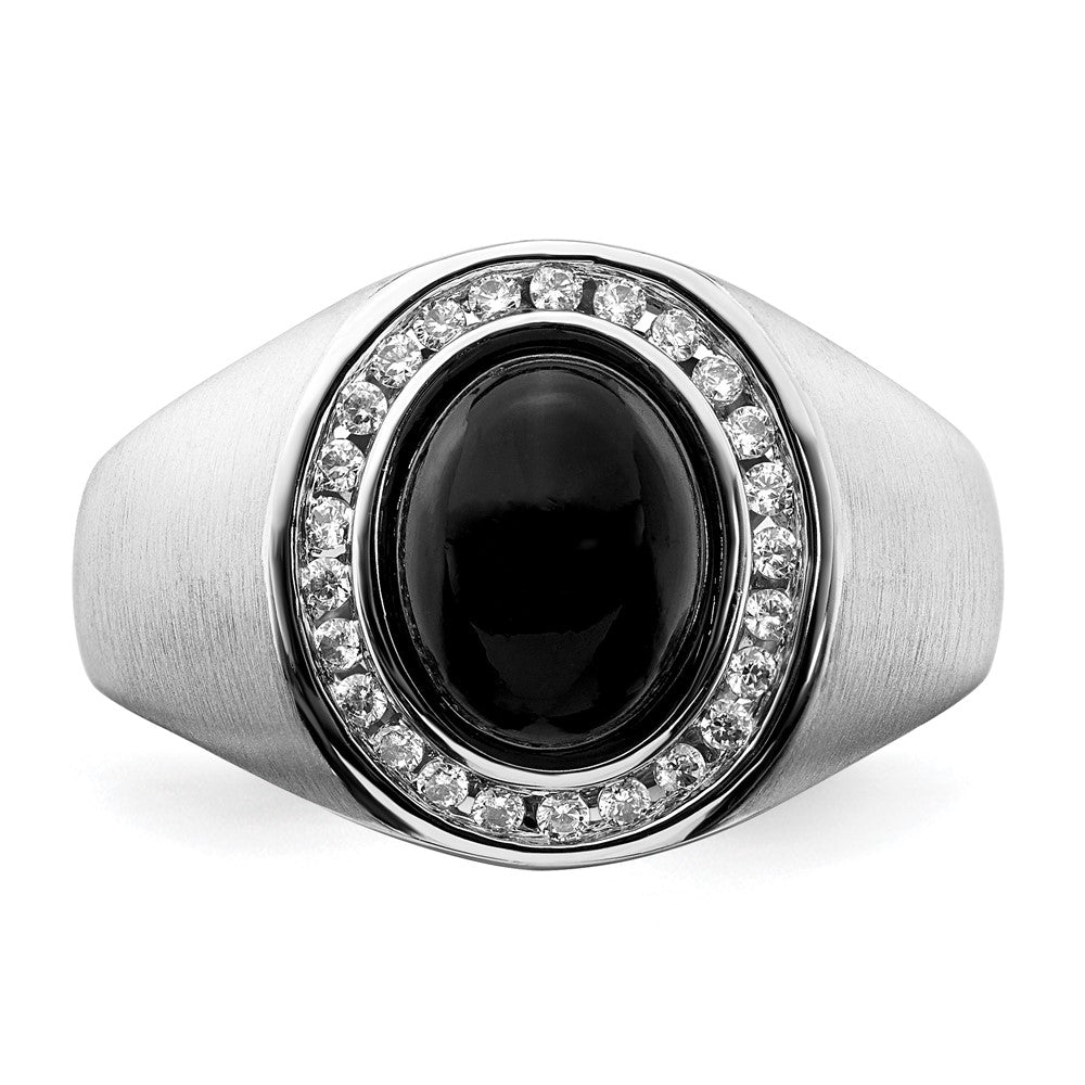 14k White Gold Oval Onyx and Real Diamond Mens Ring