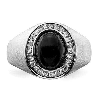 14k White Gold Oval Onyx and Real Diamond Mens Ring