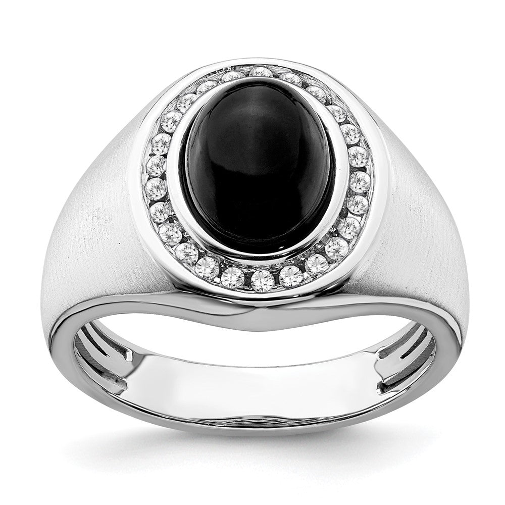 14k White Gold Oval Onyx and Real Diamond Mens Ring