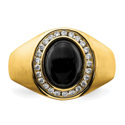 14K Yellow Gold Oval Onyx and Real Diamond Mens Ring
