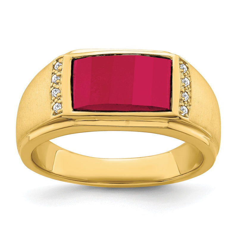 14K Yellow Gold Created Ruby and Real Diamond Mens Ring