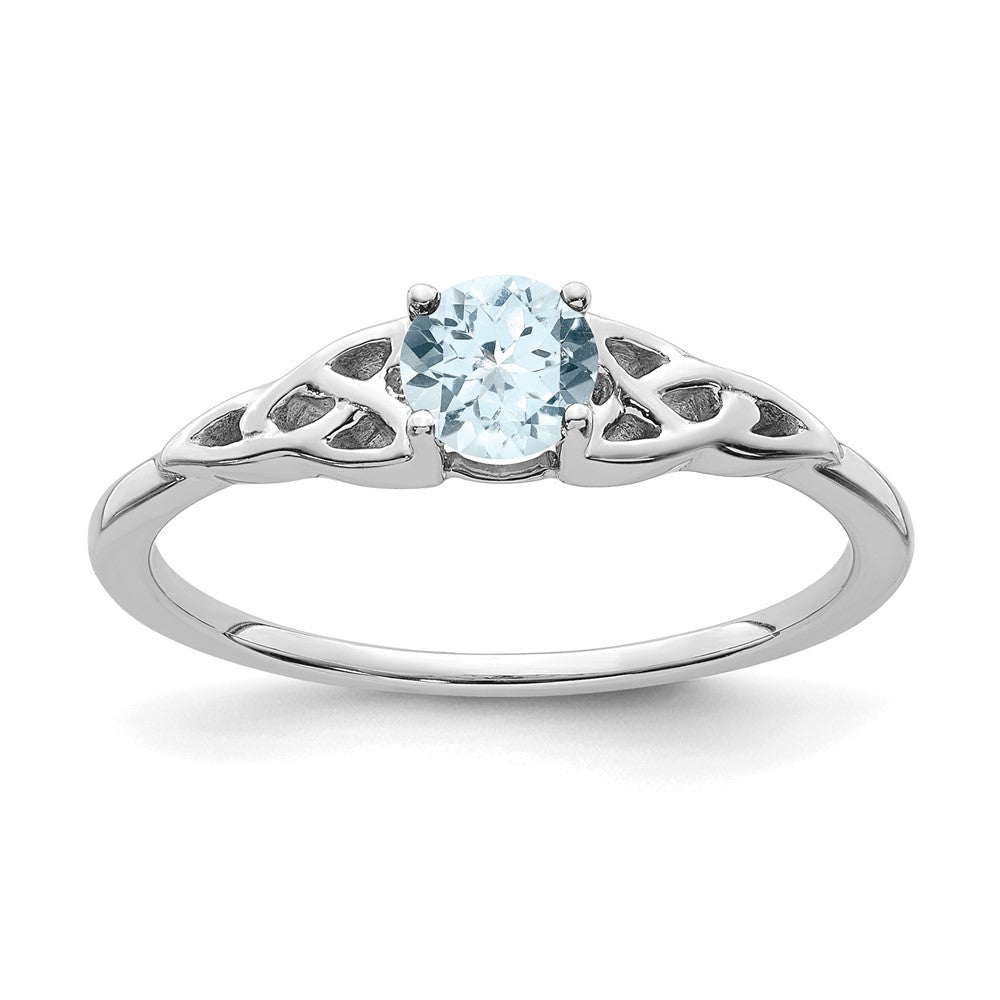 14K White Gold 4.5mm Round Aquamarine Celtic Knot Ring