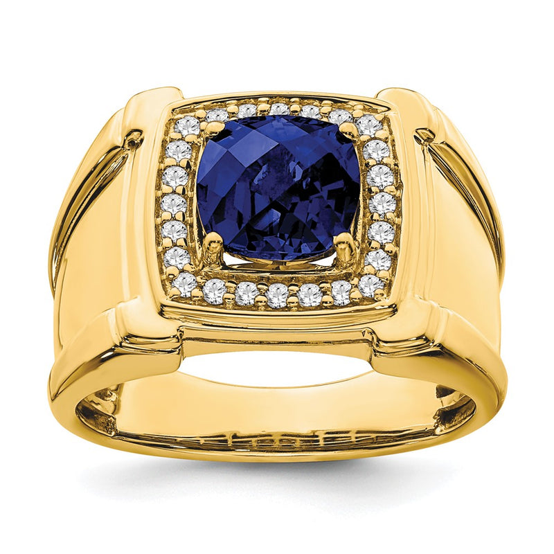 14K Yellow Gold Created Checkerboard Sapphire and Real Diamond Mens Ring