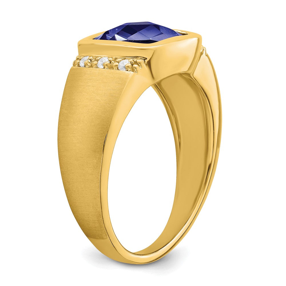 14K Yellow Gold Created Sapphire and Real Diamond Mens Ring
