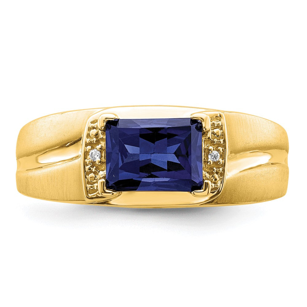 14K Yellow Gold Emerald-cut Created Sapphire and Real Diamond Mens Ring