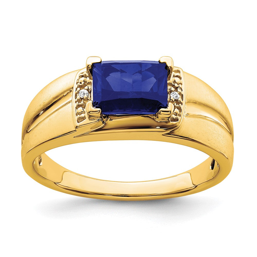 14K Yellow Gold Emerald-cut Created Sapphire and Real Diamond Mens Ring