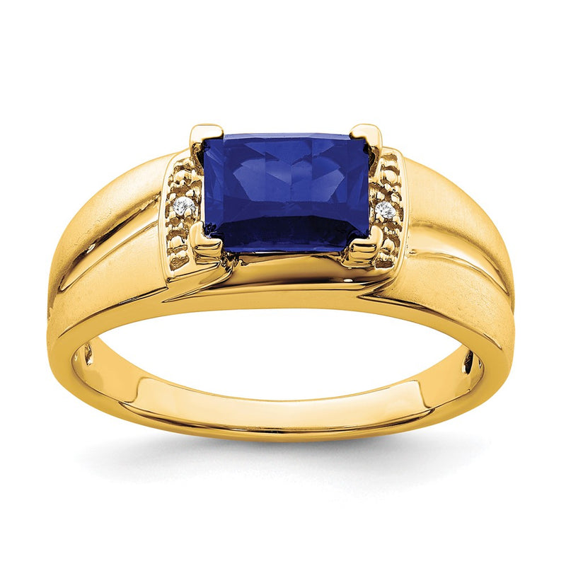 14K Yellow Gold Emerald-cut Created Sapphire and Real Diamond Mens Ring