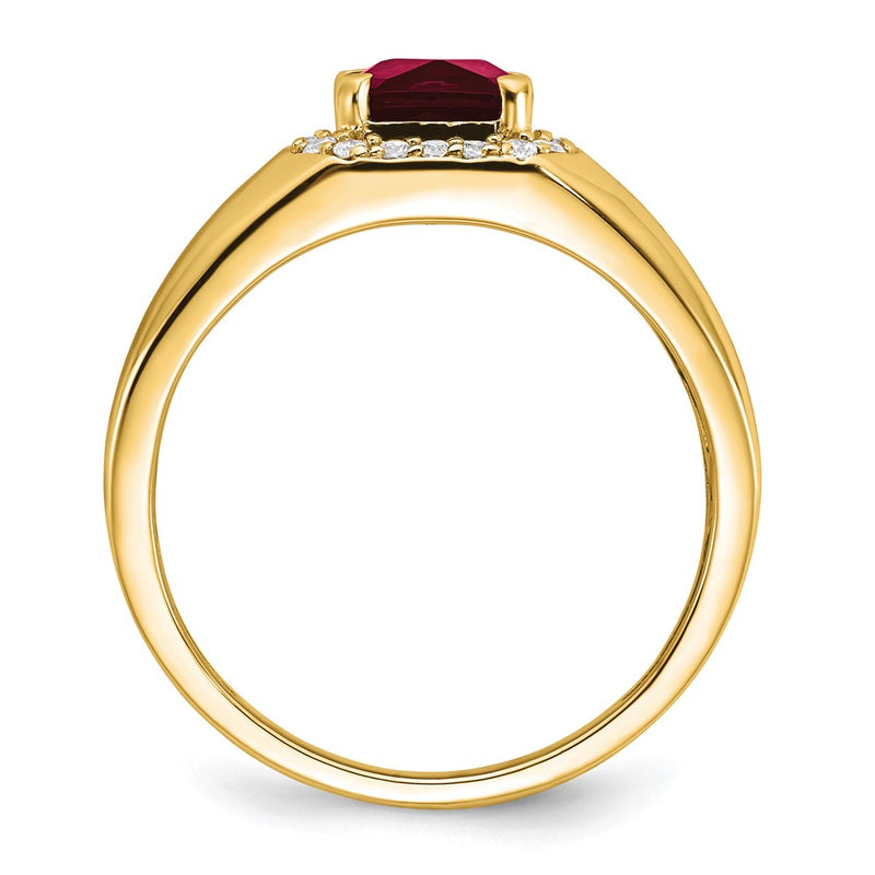 14K Yellow Gold Cushion Created Ruby and Real Diamond Mens Ring