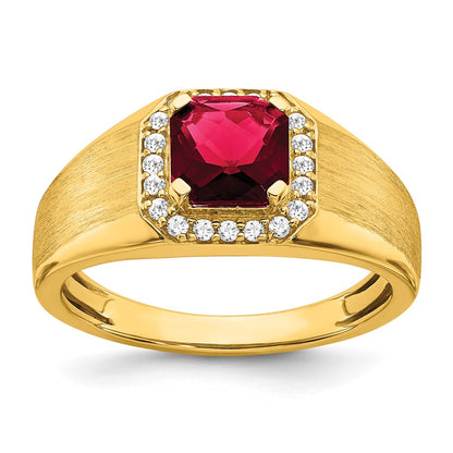 14K Yellow Gold Cushion Created Ruby and Real Diamond Mens Ring