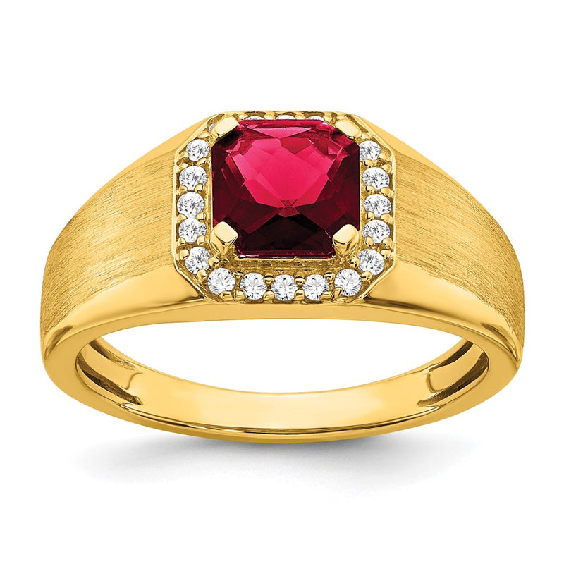 14K Yellow Gold Cushion Created Ruby and Real Diamond Mens Ring