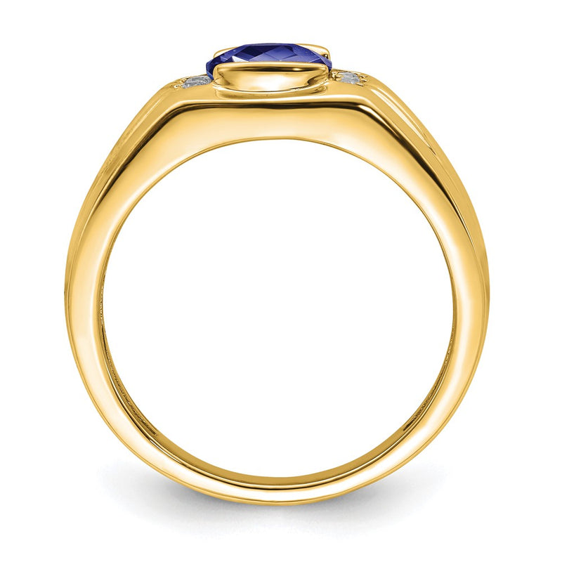 14K Yellow Gold Cushion Created Sapphire and Real Diamond Mens Ring
