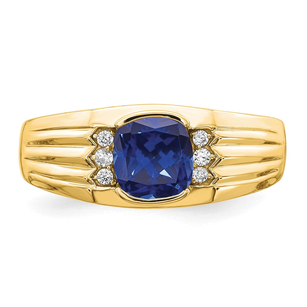 14K Yellow Gold Cushion Created Sapphire and Real Diamond Mens Ring