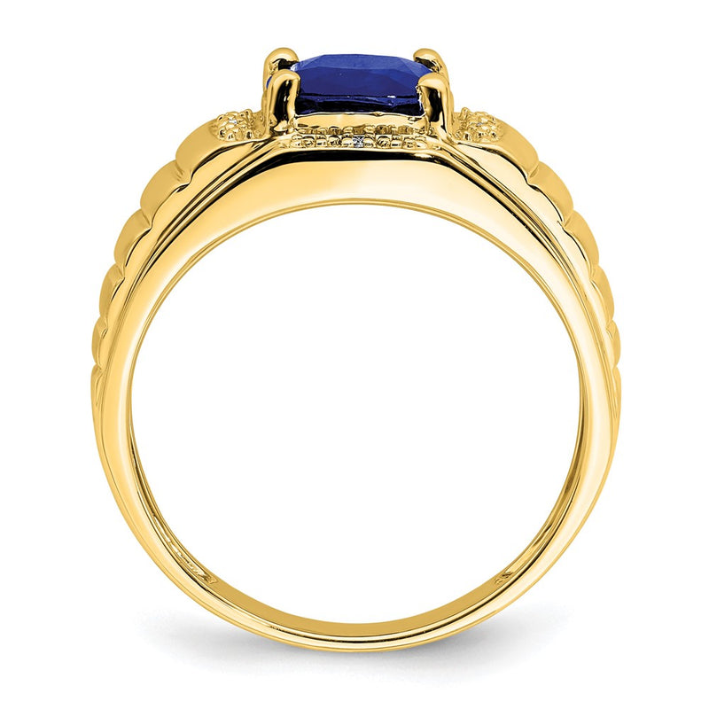 14K Yellow Gold Cushion Created Sapphire and Real Diamond Mens Ring