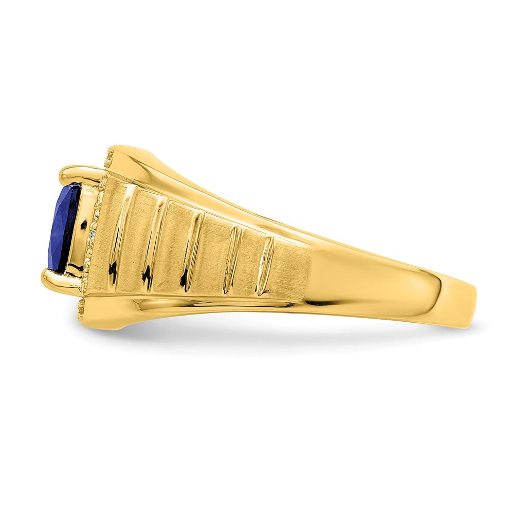 14K Yellow Gold Cushion Created Sapphire and Real Diamond Mens Ring
