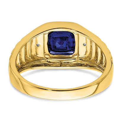 14K Yellow Gold Cushion Created Sapphire and Real Diamond Mens Ring
