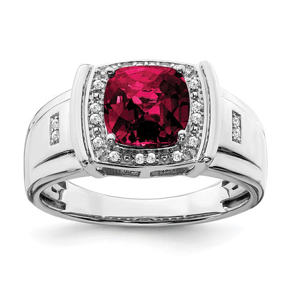 14k White Gold Cushion Created Ruby and Real Diamond Mens Ring