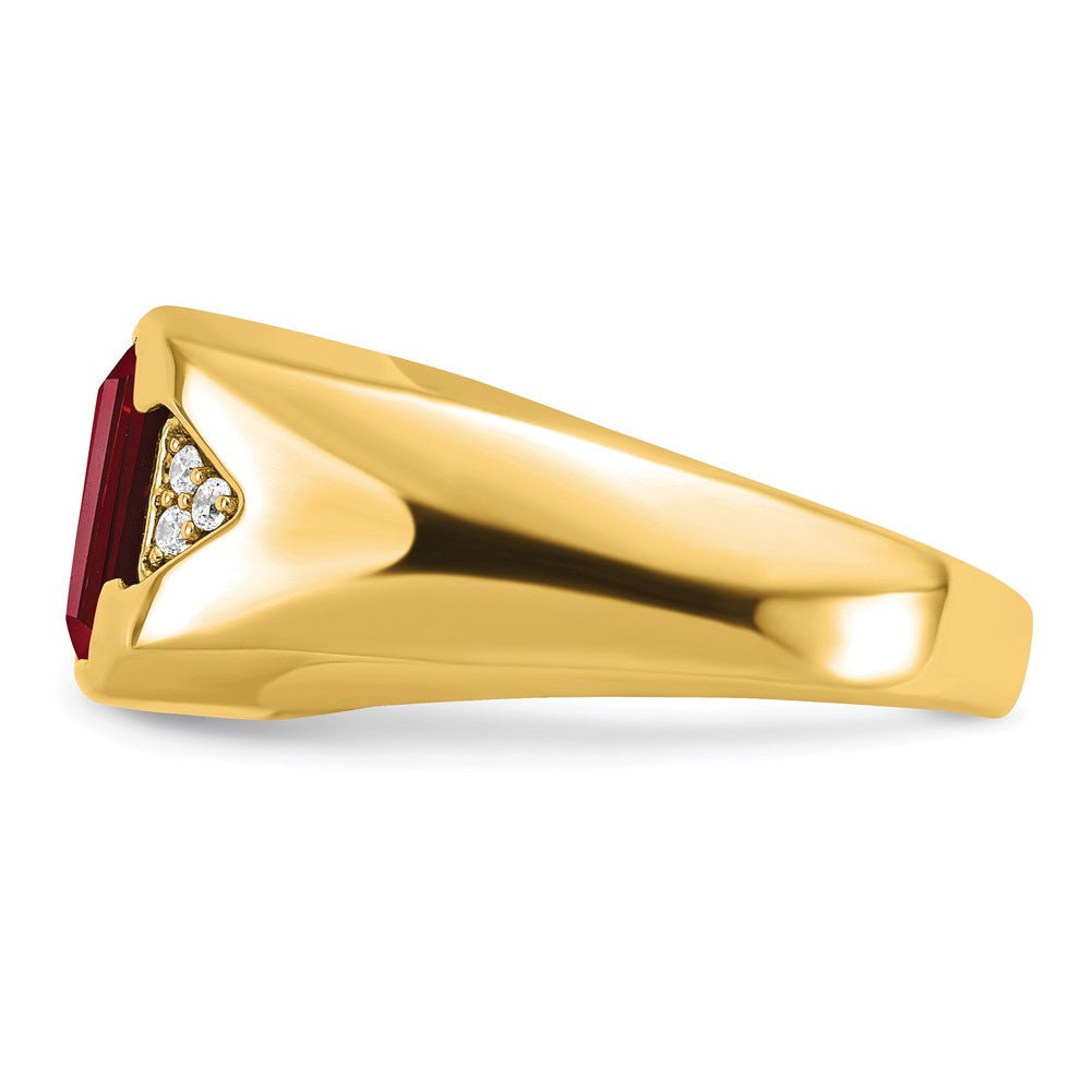 14K Yellow Gold Emerald-cut Created Ruby and Real Diamond Mens Ring