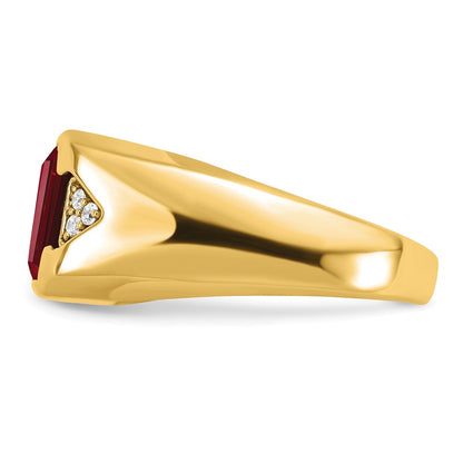 14K Yellow Gold Emerald-cut Created Ruby and Real Diamond Mens Ring
