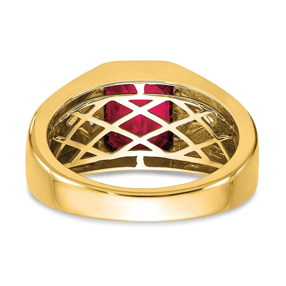 14K Yellow Gold Emerald-cut Created Ruby and Real Diamond Mens Ring
