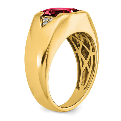 14K Yellow Gold Emerald-cut Created Ruby and Real Diamond Mens Ring
