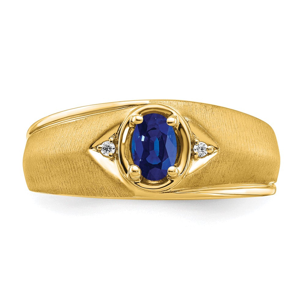 14K Yellow Gold Oval Sapphire and Real Diamond Mens Ring