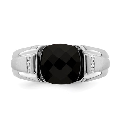 14k White Gold Onyx and Real Diamond Mens Ring