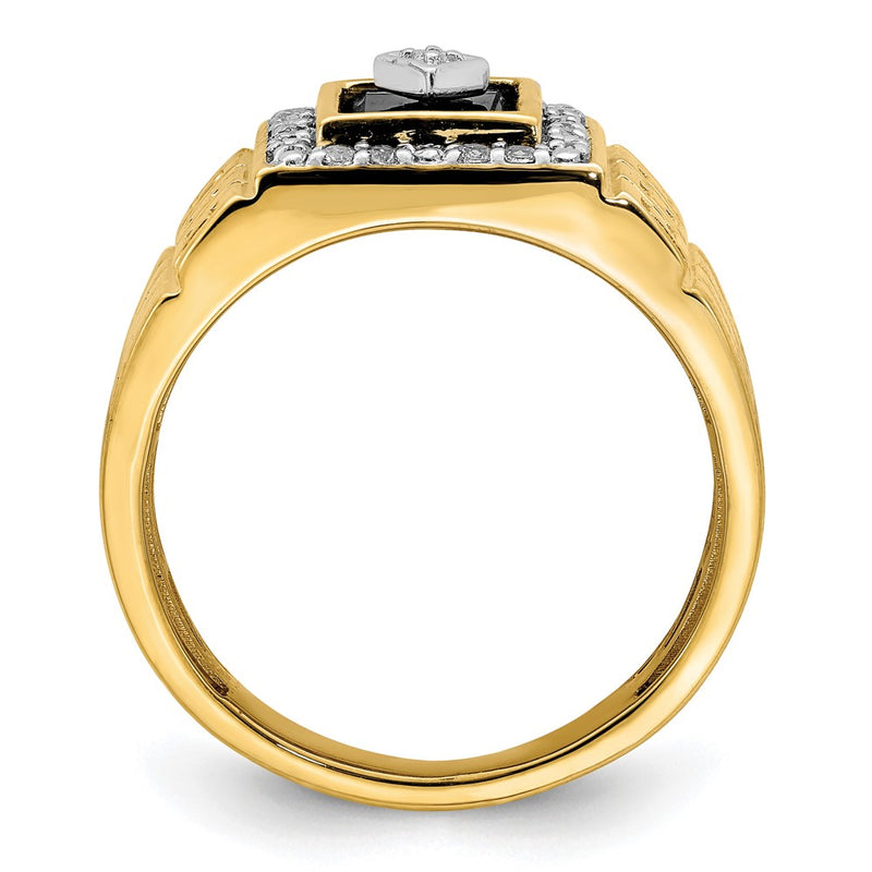 14K Yellow Gold Onyx and Real Diamond Greek Key Design Mens Ring