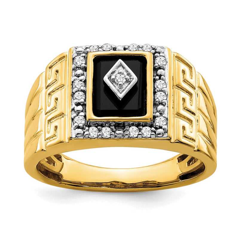 14K Yellow Gold Onyx and Real Diamond Greek Key Design Mens Ring