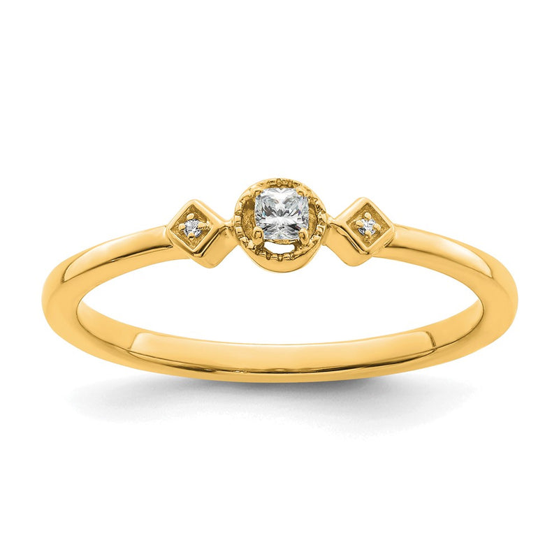 14K Yellow Gold Beaded Edge Petite 3 Stone 1/15 Carat Cushion Diamond Complete Promise/Engagement Ring