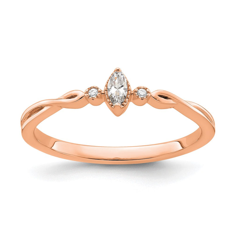 14K Rose Gold Beaded Edge Petite 3 Stone 1/15 Carat Marquise Diamond Complete Promise/Engagement Ring