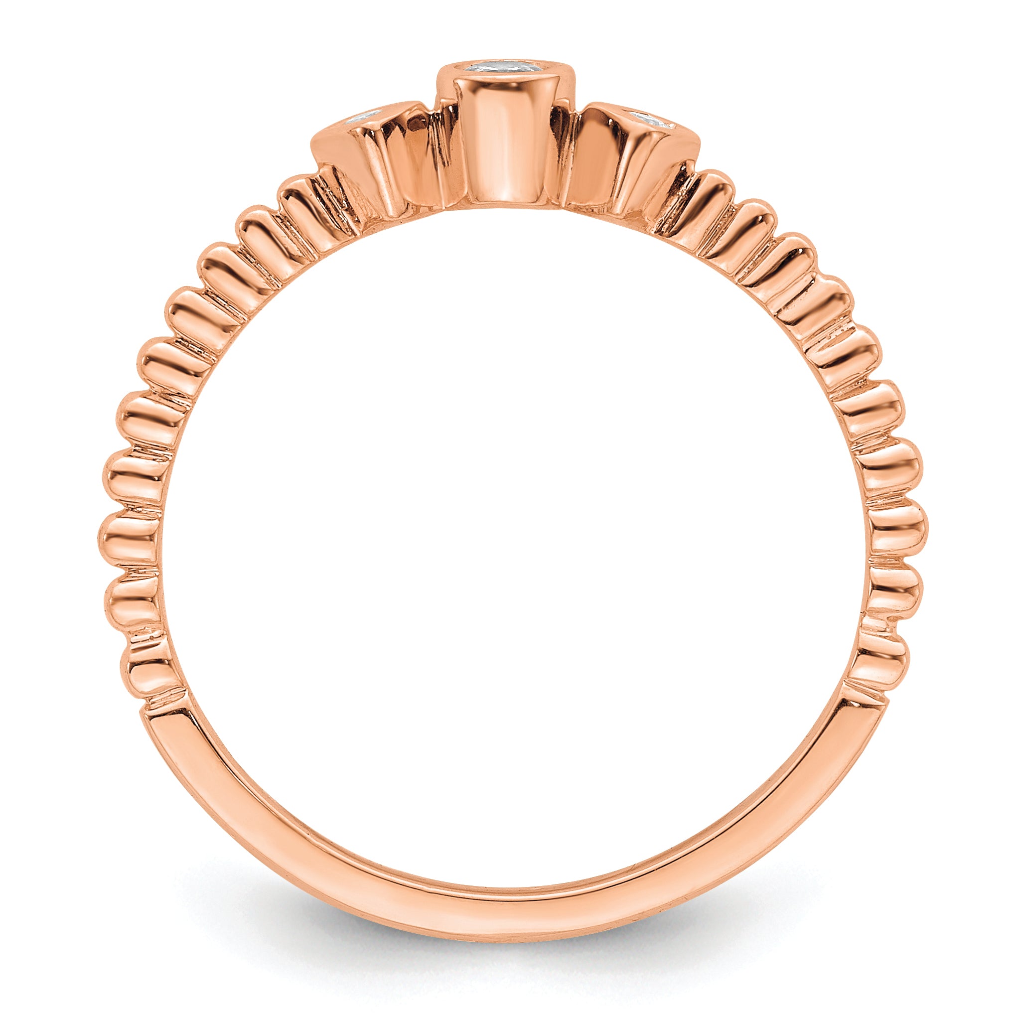 14K Rose Gold Scalloped Band Petite 3 Stone 1/15 Carat Round Diamond Complete Promise/Engagement Ring