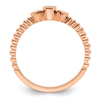 14K Rose Gold Scalloped Band Petite 3 Stone 1/15 Carat Round Diamond Complete Promise/Engagement Ring