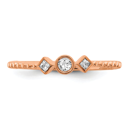 14K Rose Gold Scalloped Band Petite 3 Stone 1/15 Carat Round Diamond Complete Promise/Engagement Ring