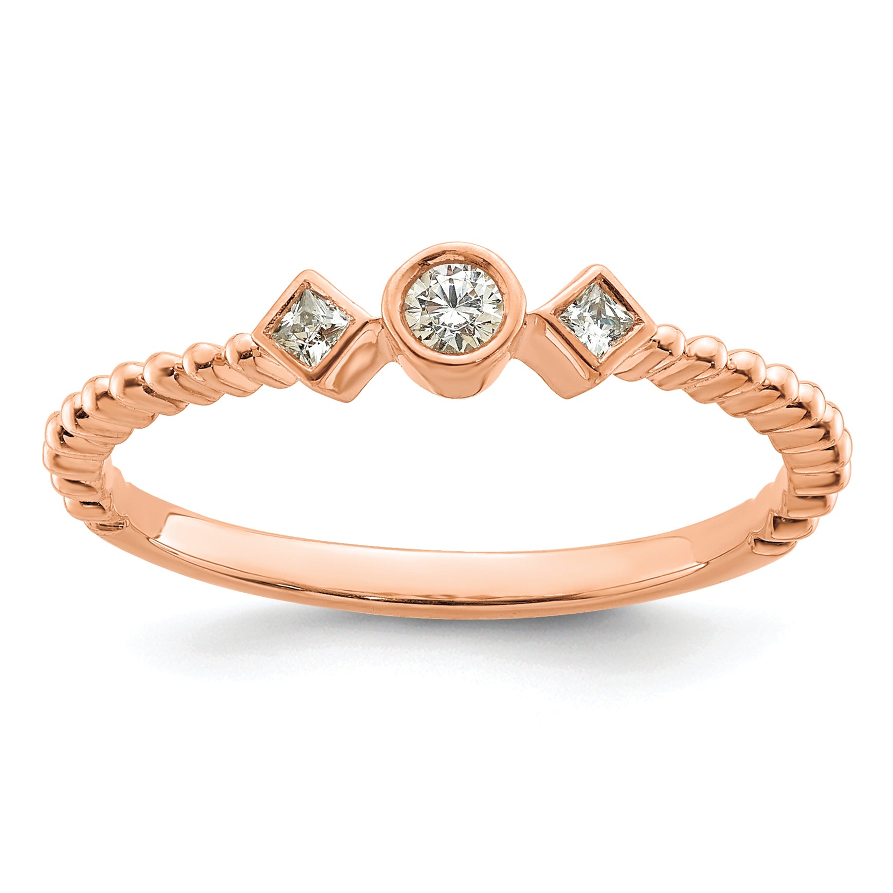 14K Rose Gold Scalloped Band Petite 3 Stone 1/15 Carat Round Diamond Complete Promise/Engagement Ring