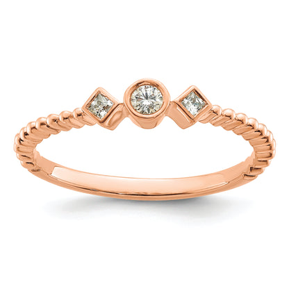 14K Rose Gold Scalloped Band Petite 3 Stone 1/15 Carat Round Diamond Complete Promise/Engagement Ring