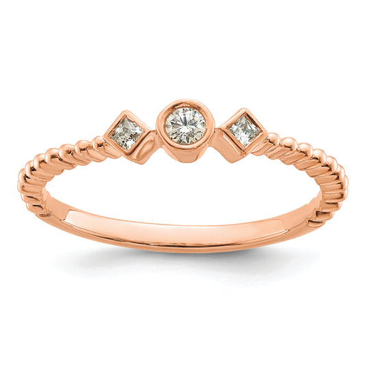 14K Rose Gold Scalloped Band Petite 3 Stone 1/15 Carat Round Diamond Complete Promise/Engagement Ring