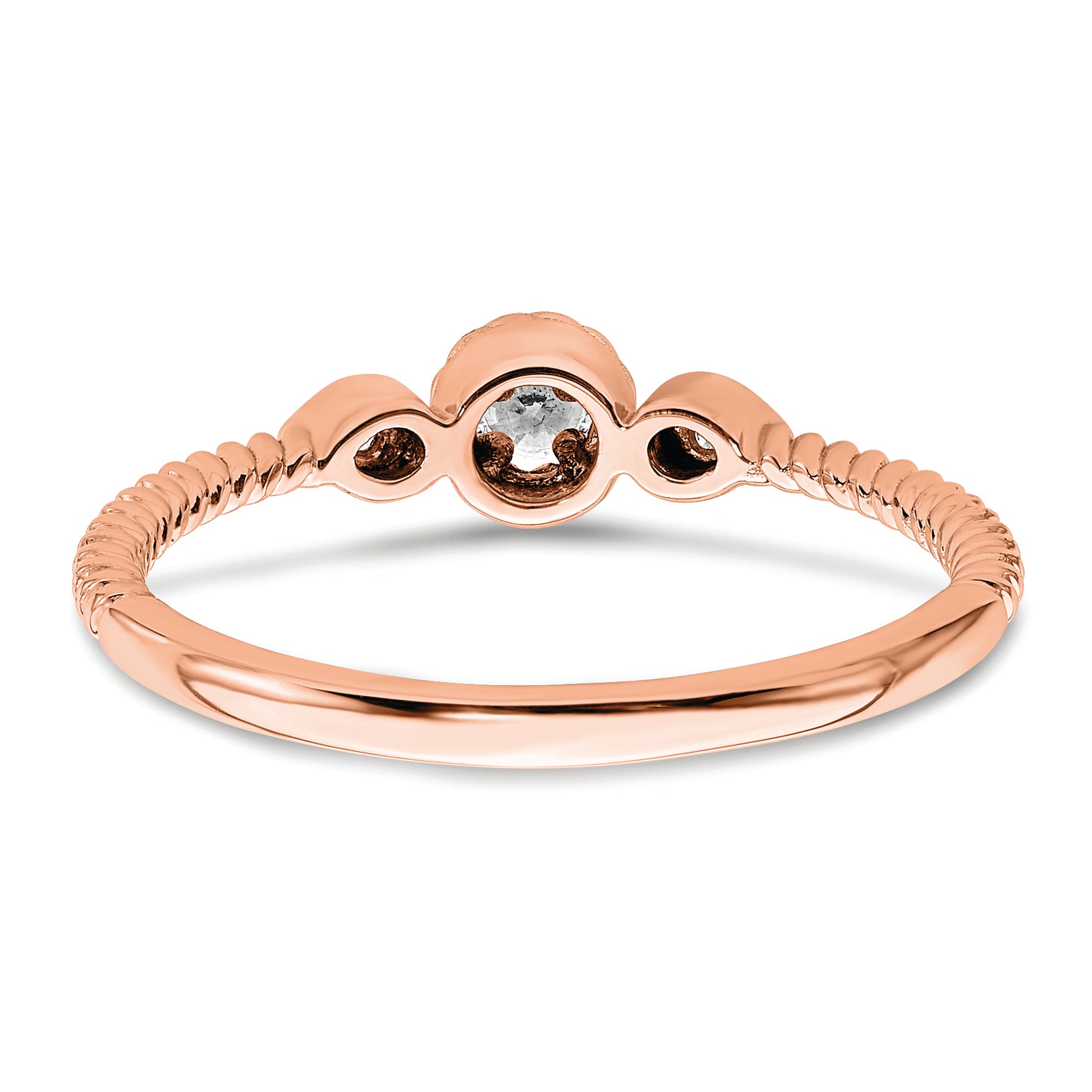 14K Rose Gold Roped Band Petite 3 Stone 1/15 Carat Round Diamond Complete Promise/Engagement Ring