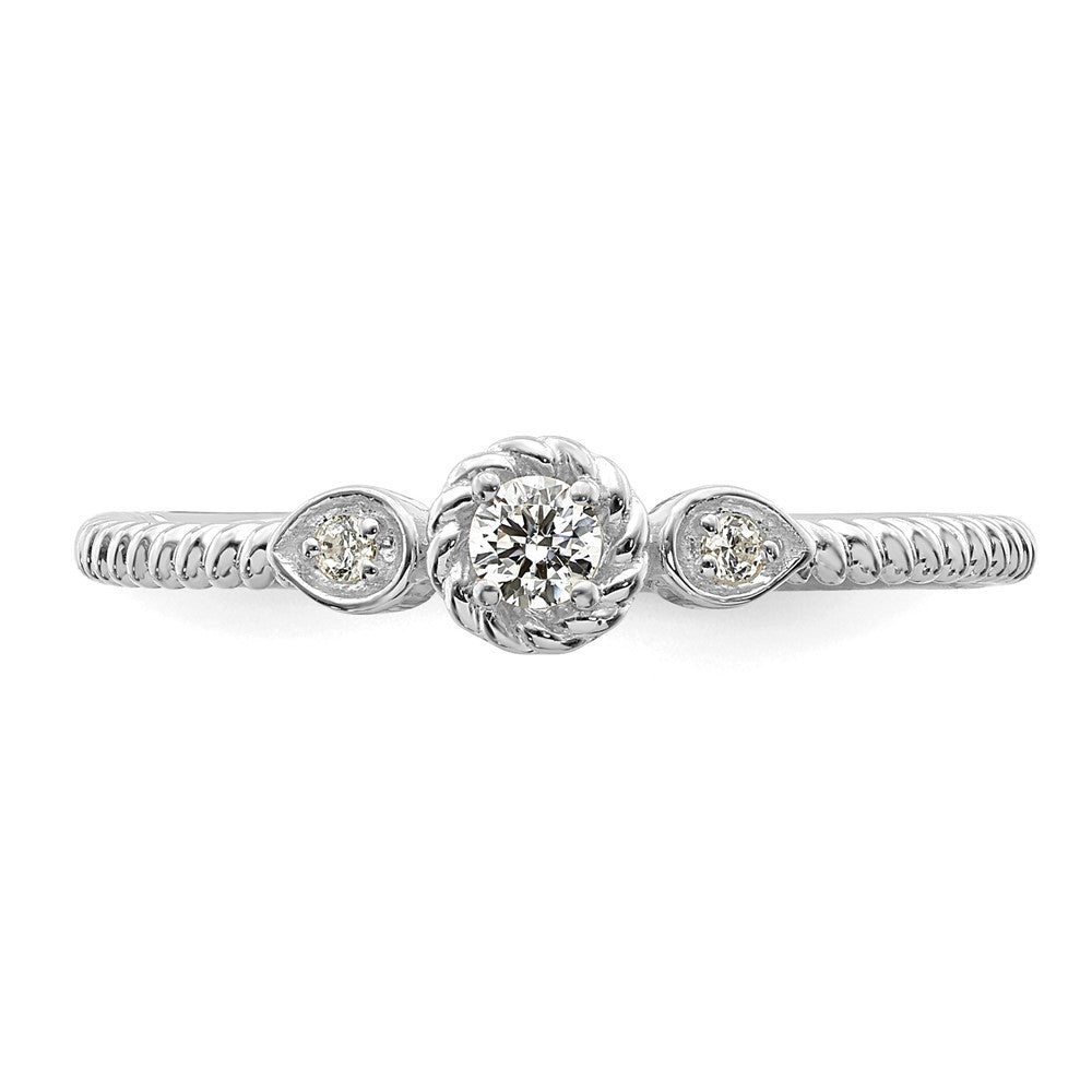 14K White Gold Roped Wedding Band Ring Petite 3-Stone 1/15 carat Round Diamond Complete Promise/Engagement Ring