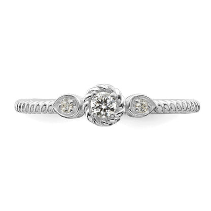 14K White Gold Roped Wedding Band Ring Petite 3-Stone 1/15 carat Round Diamond Complete Promise/Engagement Ring