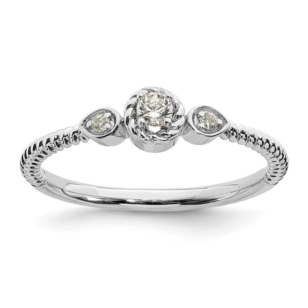14K White Gold Roped Wedding Band Ring Petite 3-Stone 1/15 carat Round Diamond Complete Promise/Engagement Ring