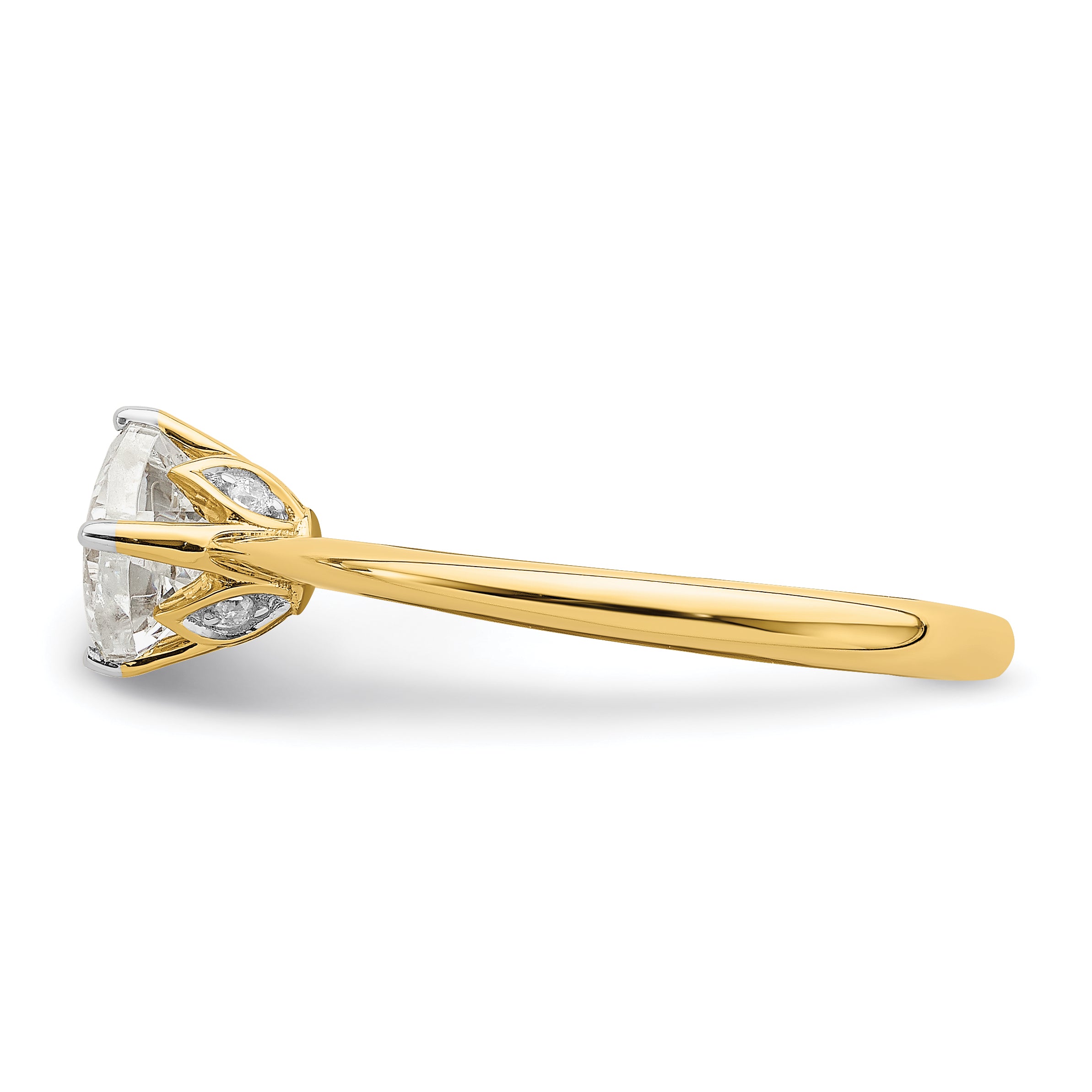 14K Yellow Gold (Holds 1 Carat (6.00 mm) Cushion Cut) 4 Prong With .03 Diamond Leaf Design Semi Mount Engagement Ring