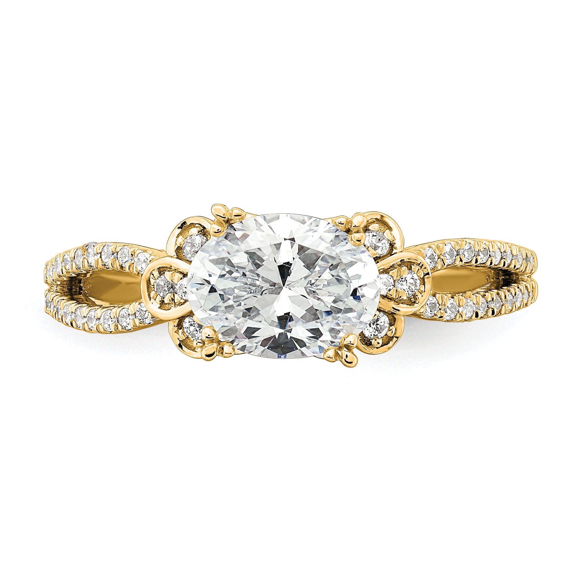 14K Yellow Gold Split Shank (Holds 1 Carat (8.00X6.1mm) Oval Center) 1/6 Diamond Semi Mount Engagement Ring